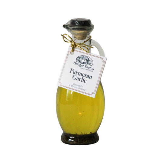 Hongar Farms Parmesan Garlic Infused Extra Virgin Olive Oil Blend in a 250mL cruet, showcasing the flavorful oil with garlic and cheese infusions.