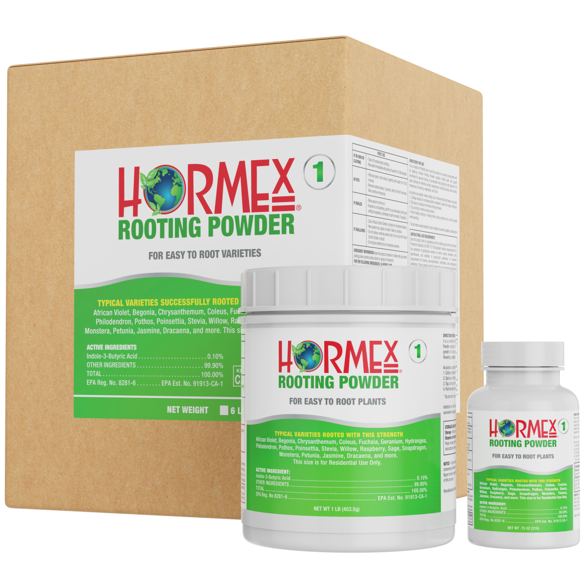 Hormex Rooting Powder #1 in 3-4 oz bottle, natural rooting hormone for delicate houseplants, herbs, and succulent cuttings.