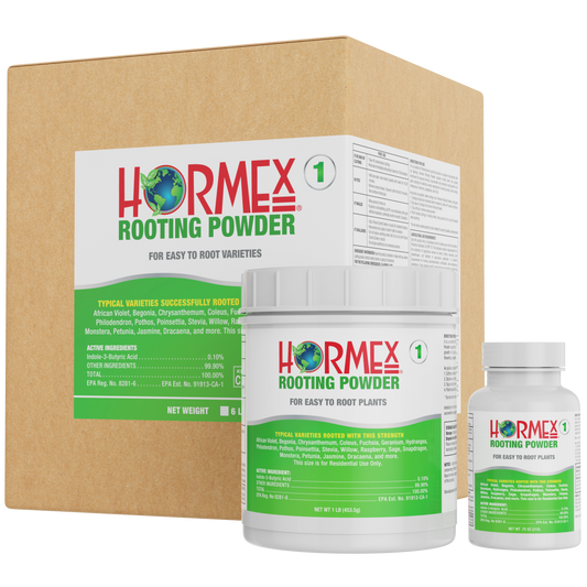 Hormex Rooting Powder #1 in 3-4 oz bottle, natural rooting hormone for delicate houseplants, herbs, and succulent cuttings.