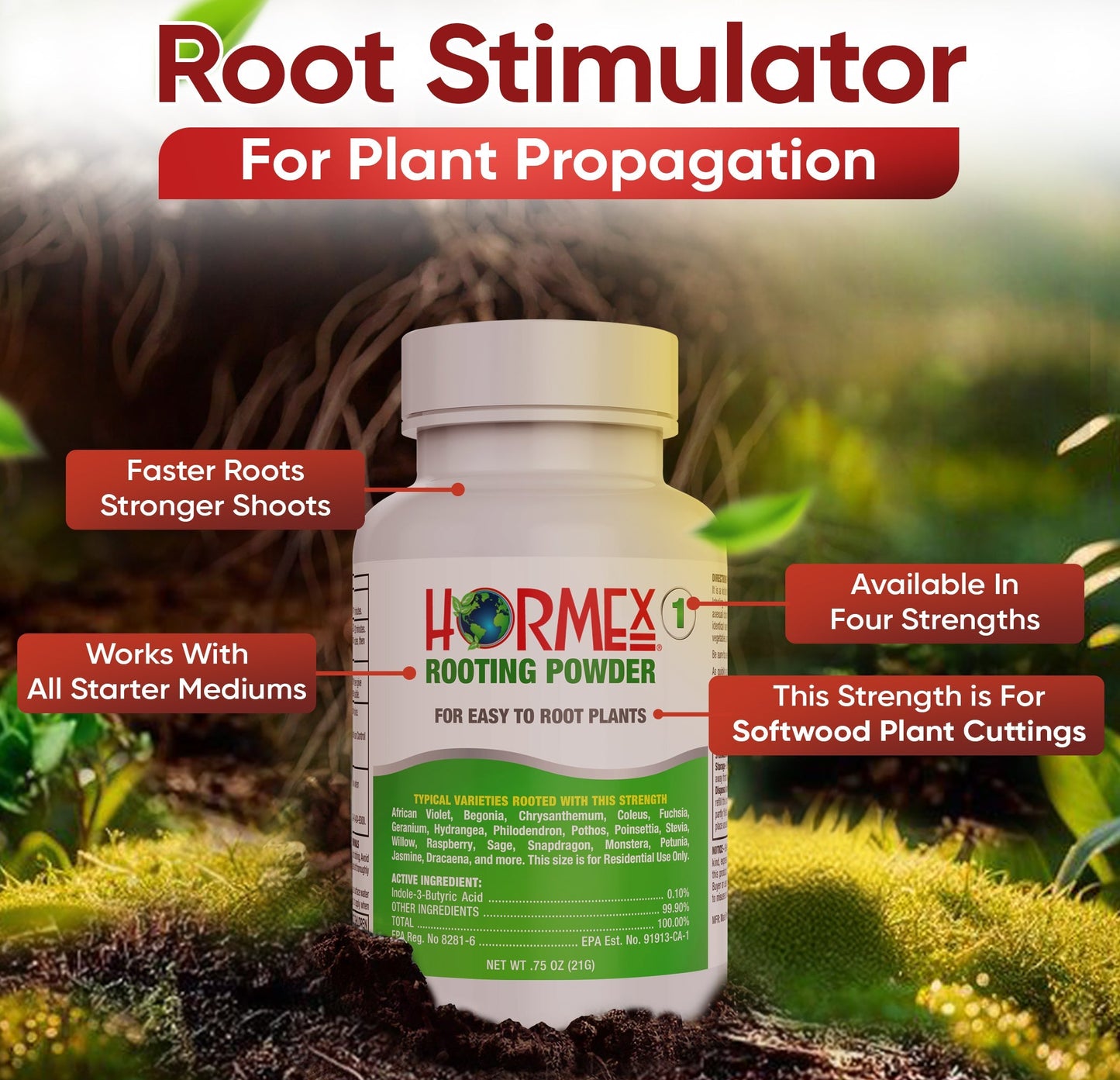 HORMEX Rooting Powder #1 in a 3/4 oz bottle, a plant supplement for delicate houseplants, garden herbs, and succulent cuttings.