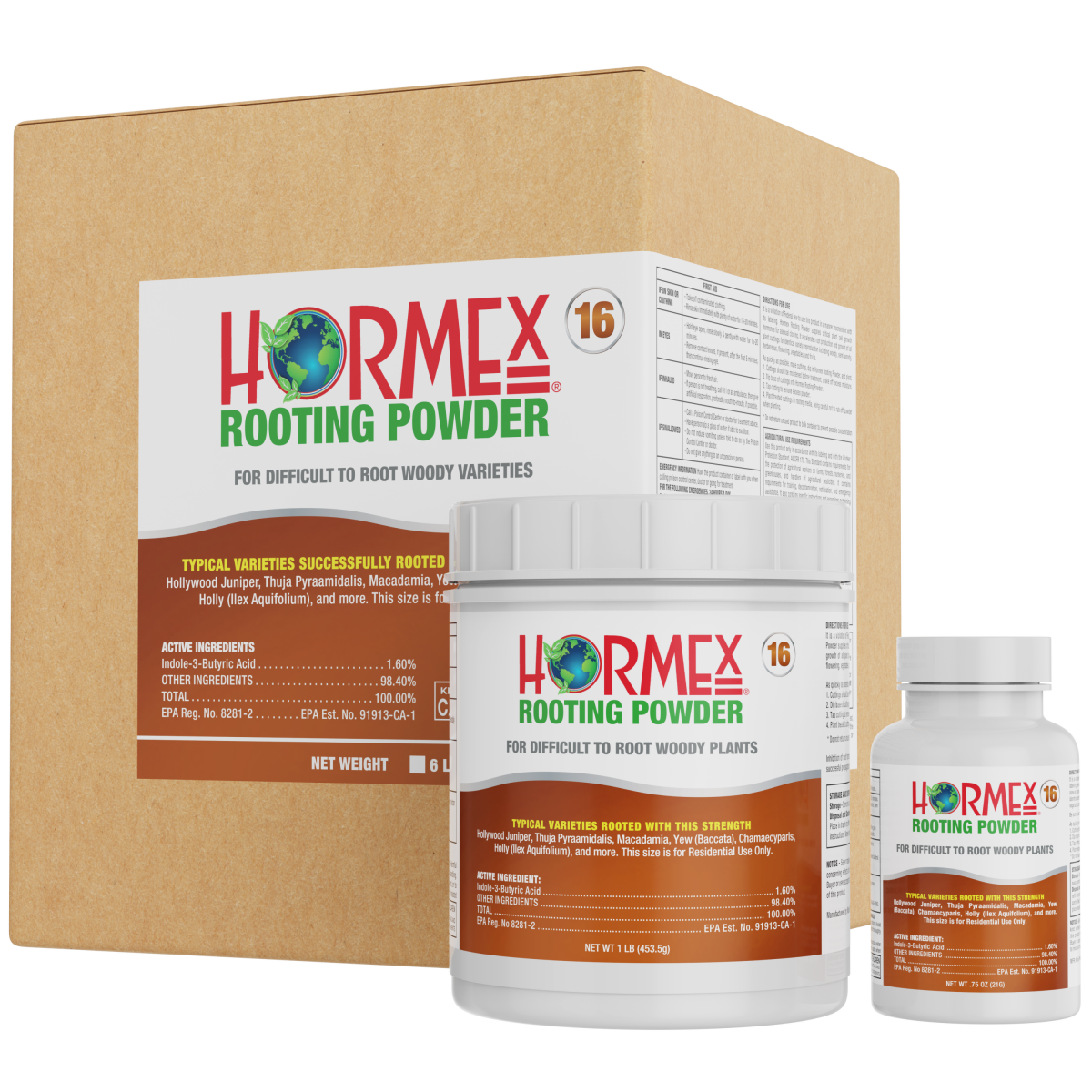 Hormex Rooting Powder #16 in 3/4 oz bottle, a plant supplement for rooting difficult hardwood plants and tree cuttings.