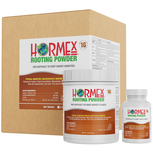Hormex Rooting Powder #16 in 3/4 oz bottle, a plant supplement for rooting difficult hardwood plants and tree cuttings.