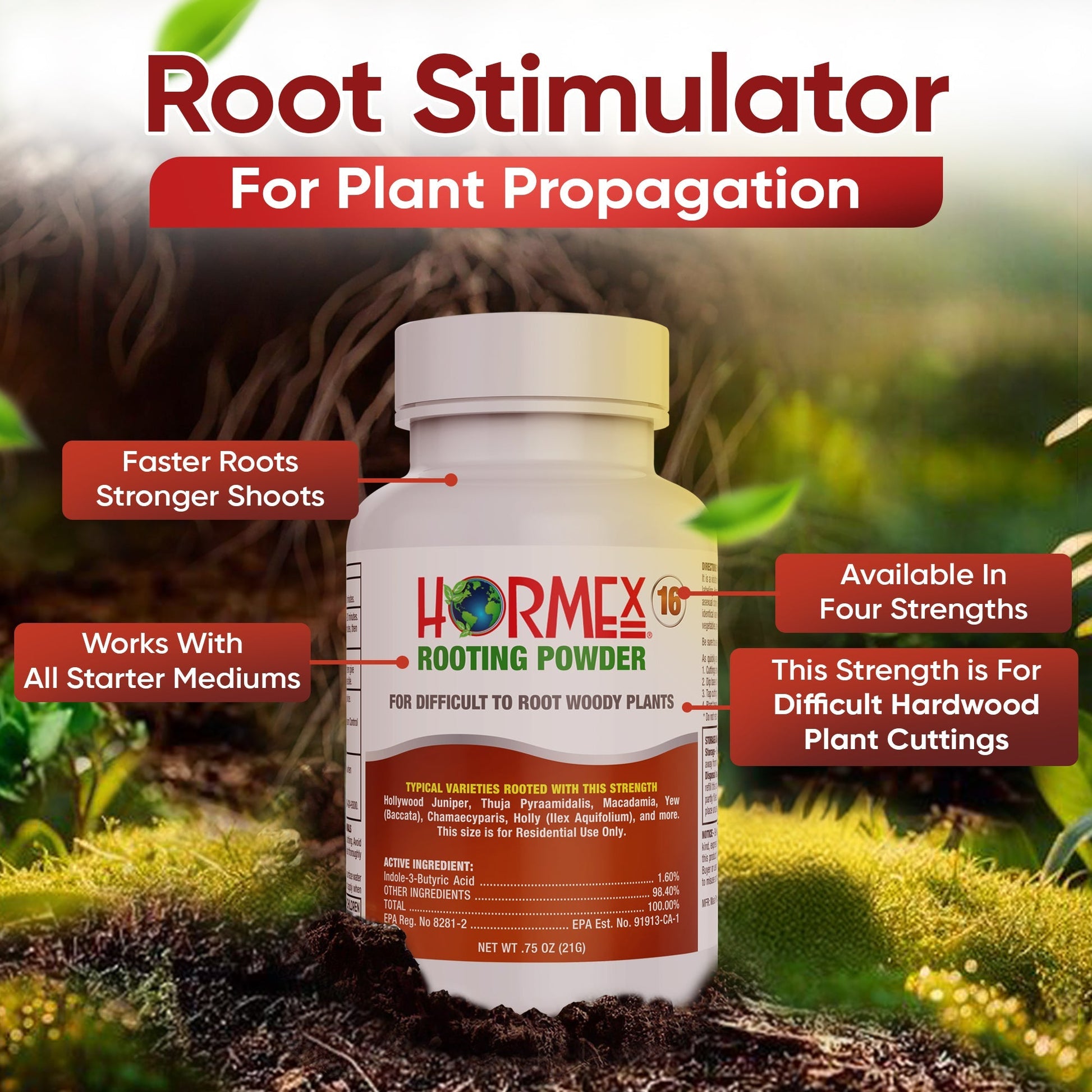 Hormex Rooting Powder #16 in 3/4 oz bottle, plant supplement for hardwood plant and tree cutting root development, 1.60 IBA concentration.