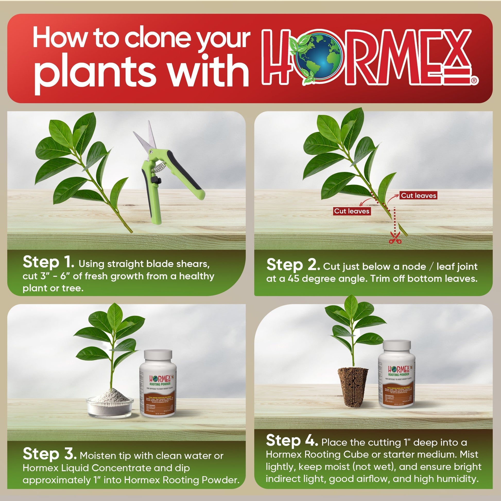 Hormex Rooting Powder #16 in 3/4 oz bottle, a plant supplement for difficult hardwood plant and tree cuttings rooting.