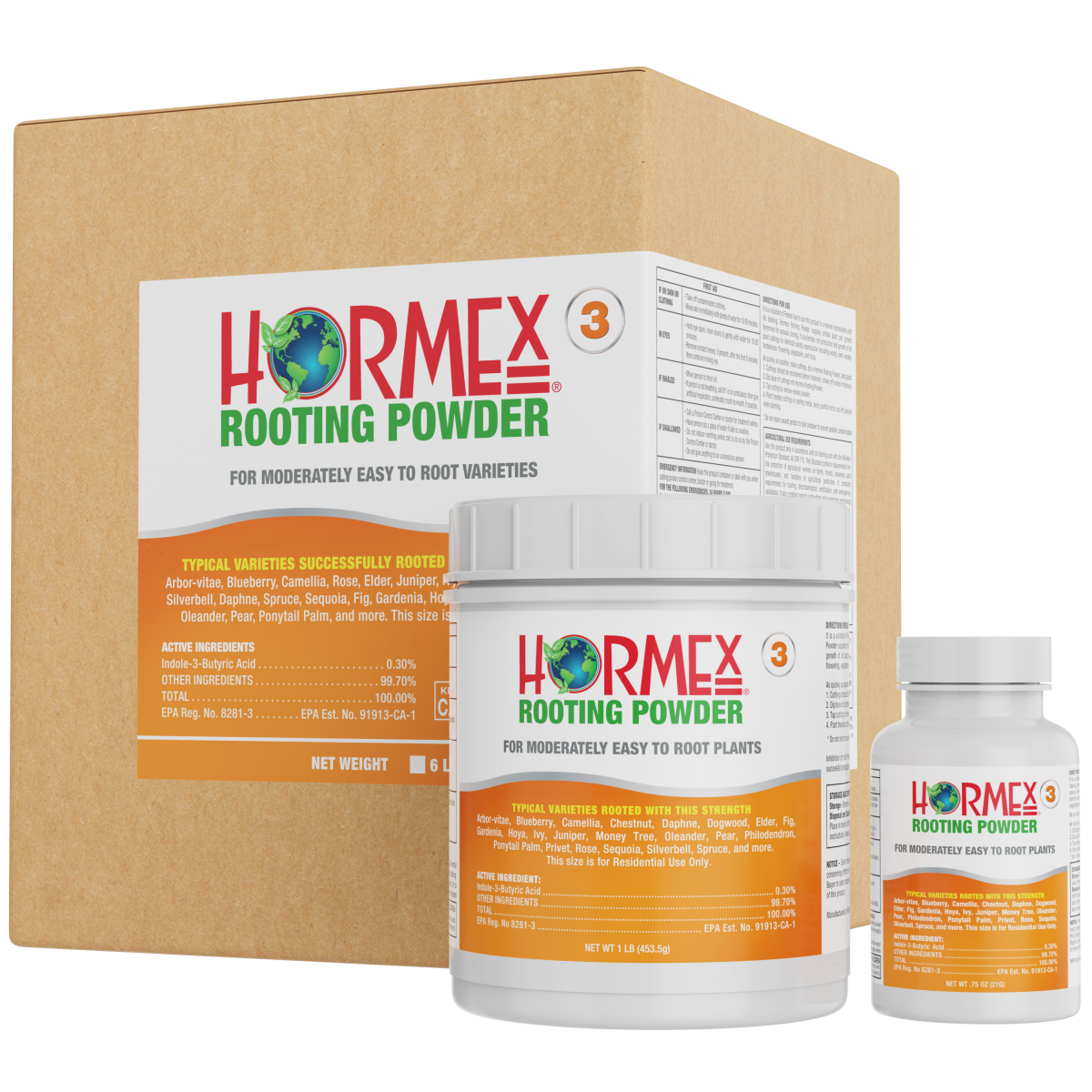 Hormex Rooting Powder #3 in a 4 oz bottle, a plant supplement for encouraging root growth in garden and home plant cuttings.