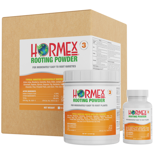 Hormex Rooting Powder #3 in a 4 oz bottle, a plant supplement for encouraging root growth in garden and home plant cuttings.