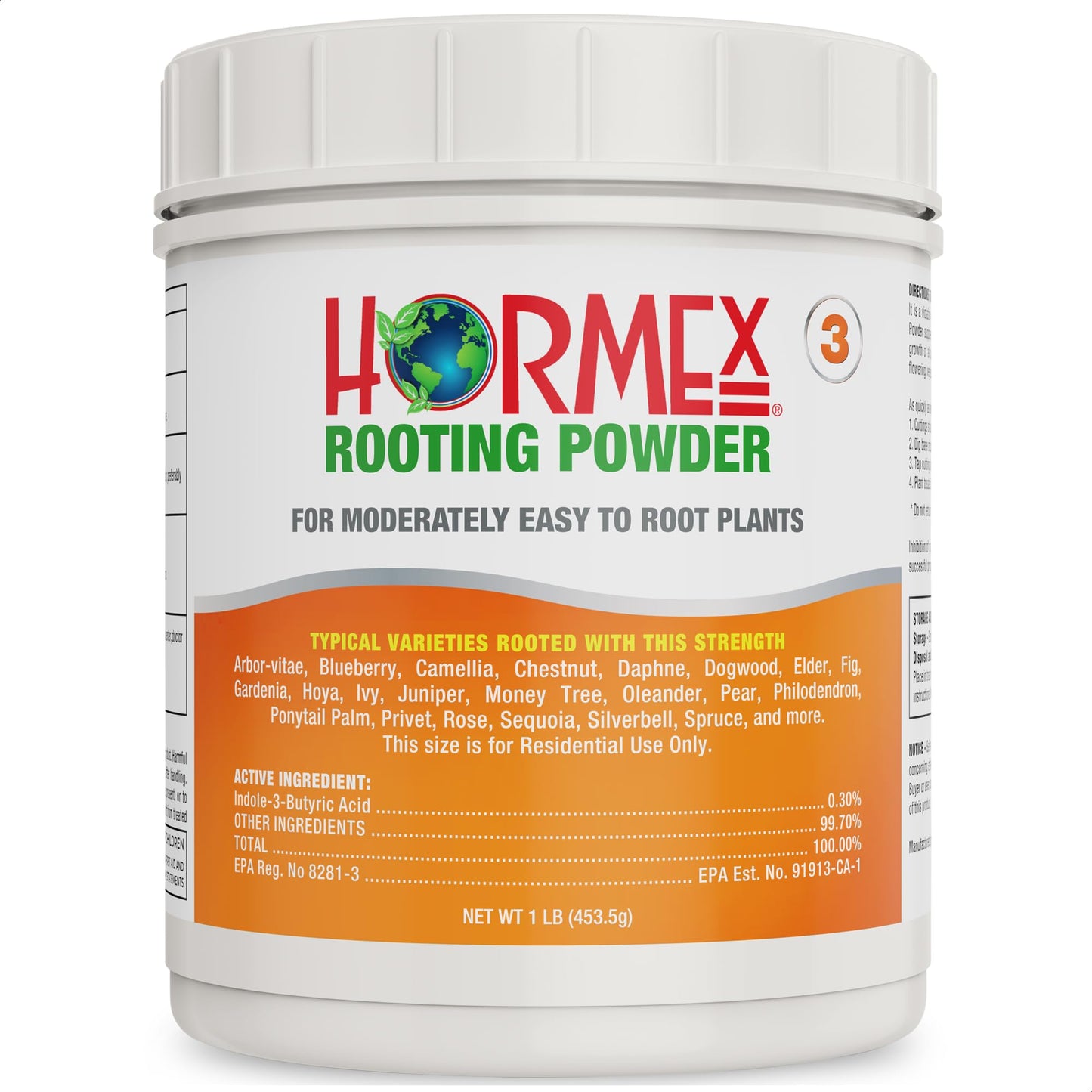 Hormex Rooting Powder #3 in a 4 oz bottle, a plant supplement for encouraging root growth in home and garden plant cuttings.
