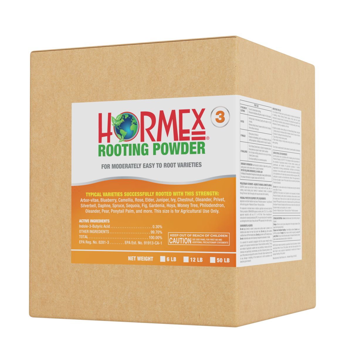 Hormex Rooting Powder #3 plant supplement in 4 oz bottle, used for encouraging root growth in garden and home plant cuttings.