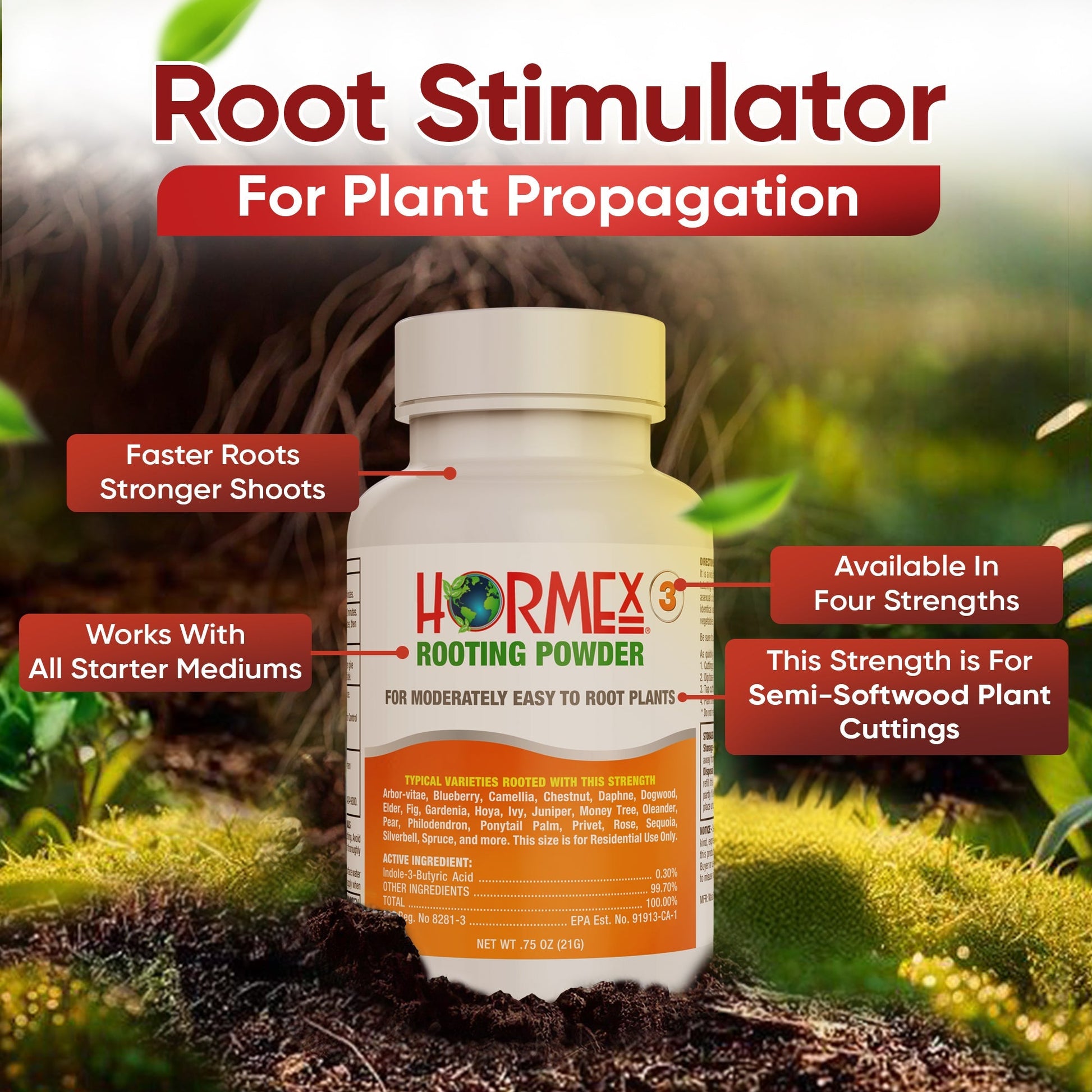 HORMEX Rooting Powder #3 in a 0.30 IBA bottle, used for promoting root growth in home and garden plant cuttings.