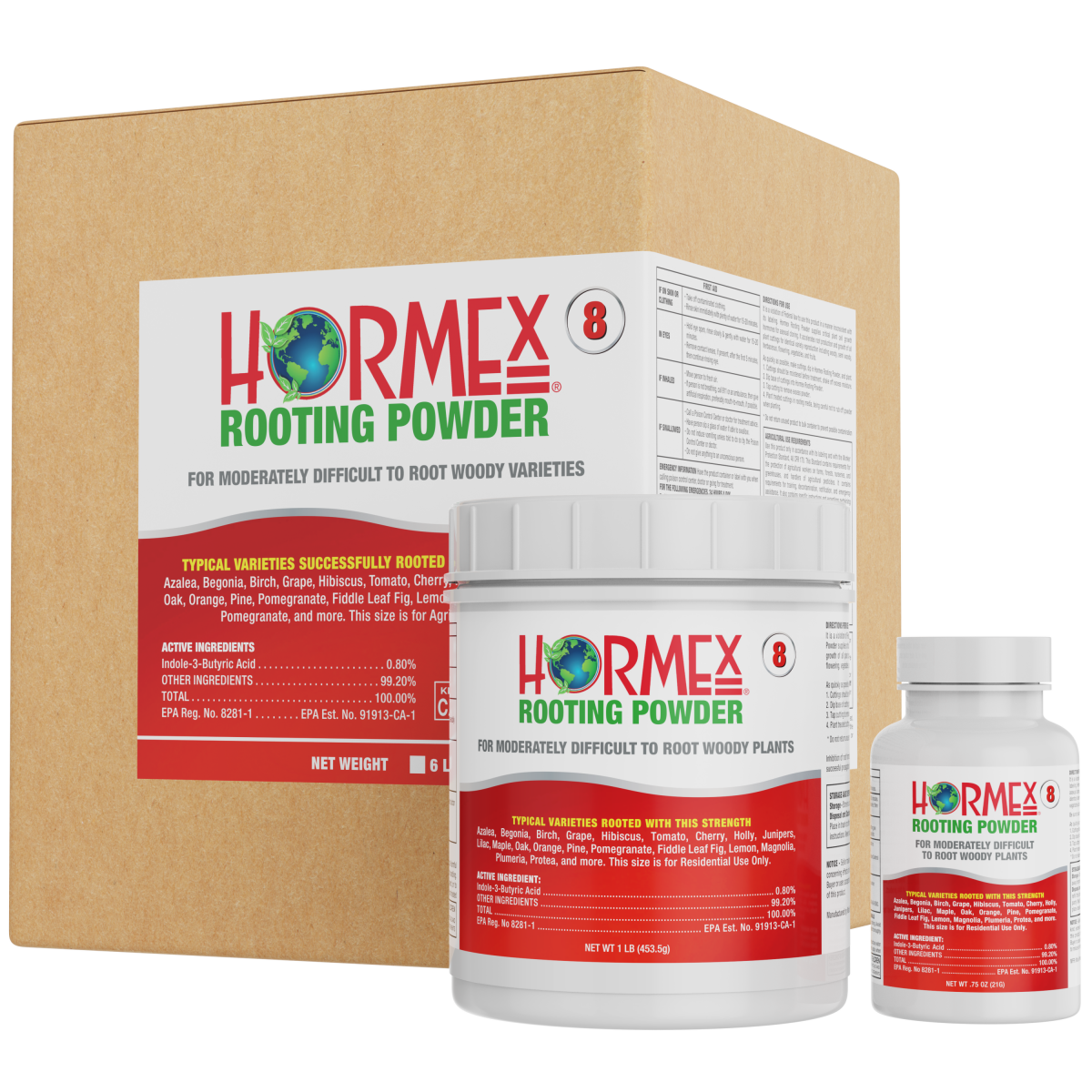 Hormex Rooting Powder #8 plant supplement in a 3/4 oz bottle, used for encouraging root growth in houseplants and cuttings.