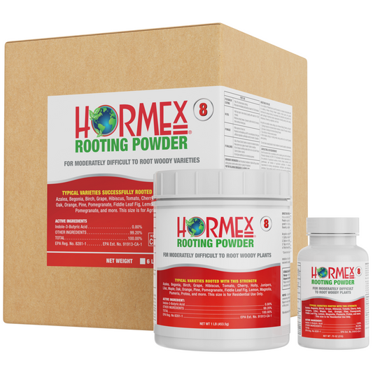 Hormex Rooting Powder #8 plant supplement in a 3/4 oz bottle, used for encouraging root growth in houseplants and cuttings.