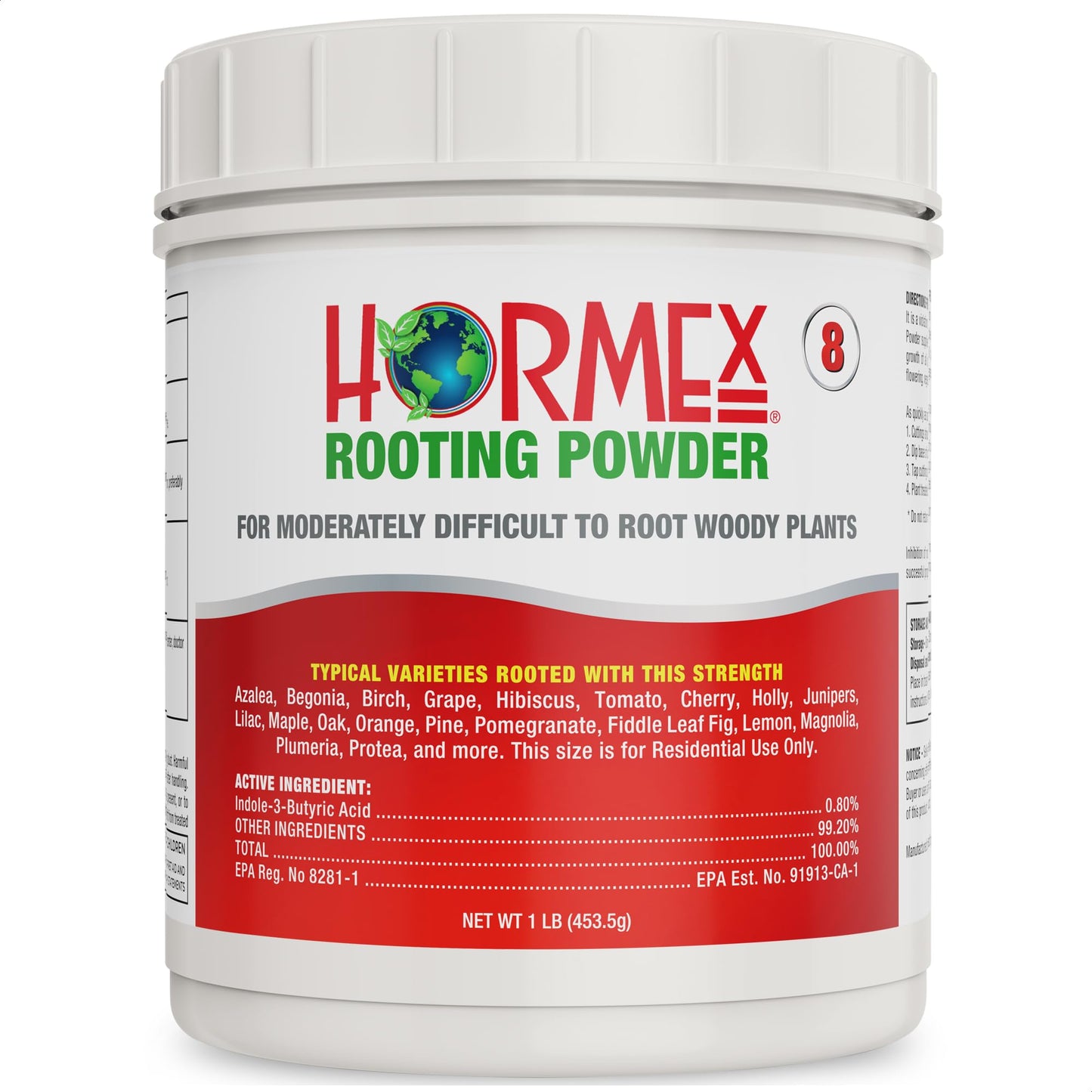 Hormex Rooting Powder #8 plant supplement in a 3/4 oz bottle, used for rooting semi-hardwood houseplants, medicinal, and tree cuttings.