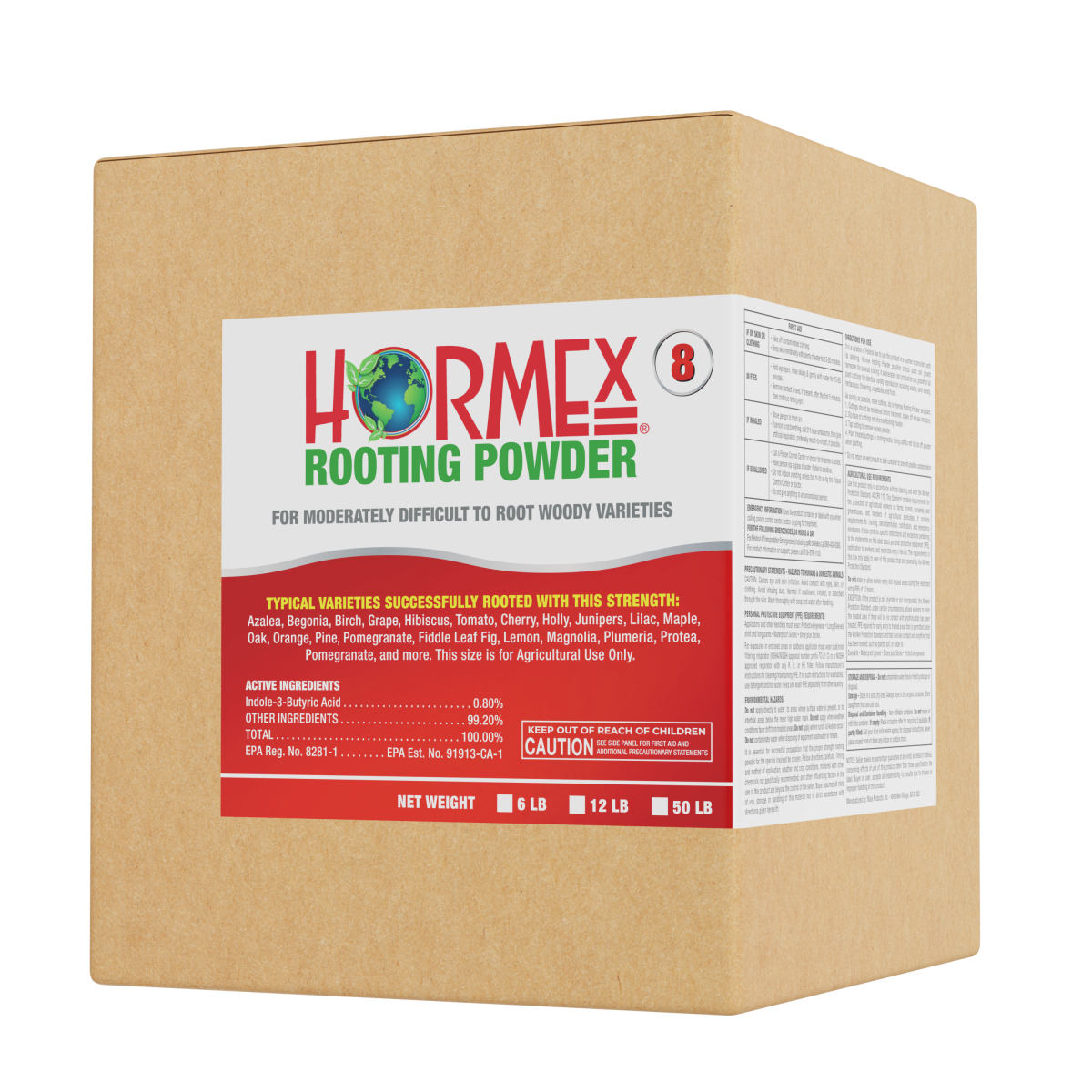 Hormex Rooting Powder #8 plant supplement in a 3/4 oz bottle, used for rooting semi-hardwood houseplants, medicinal and tree cuttings