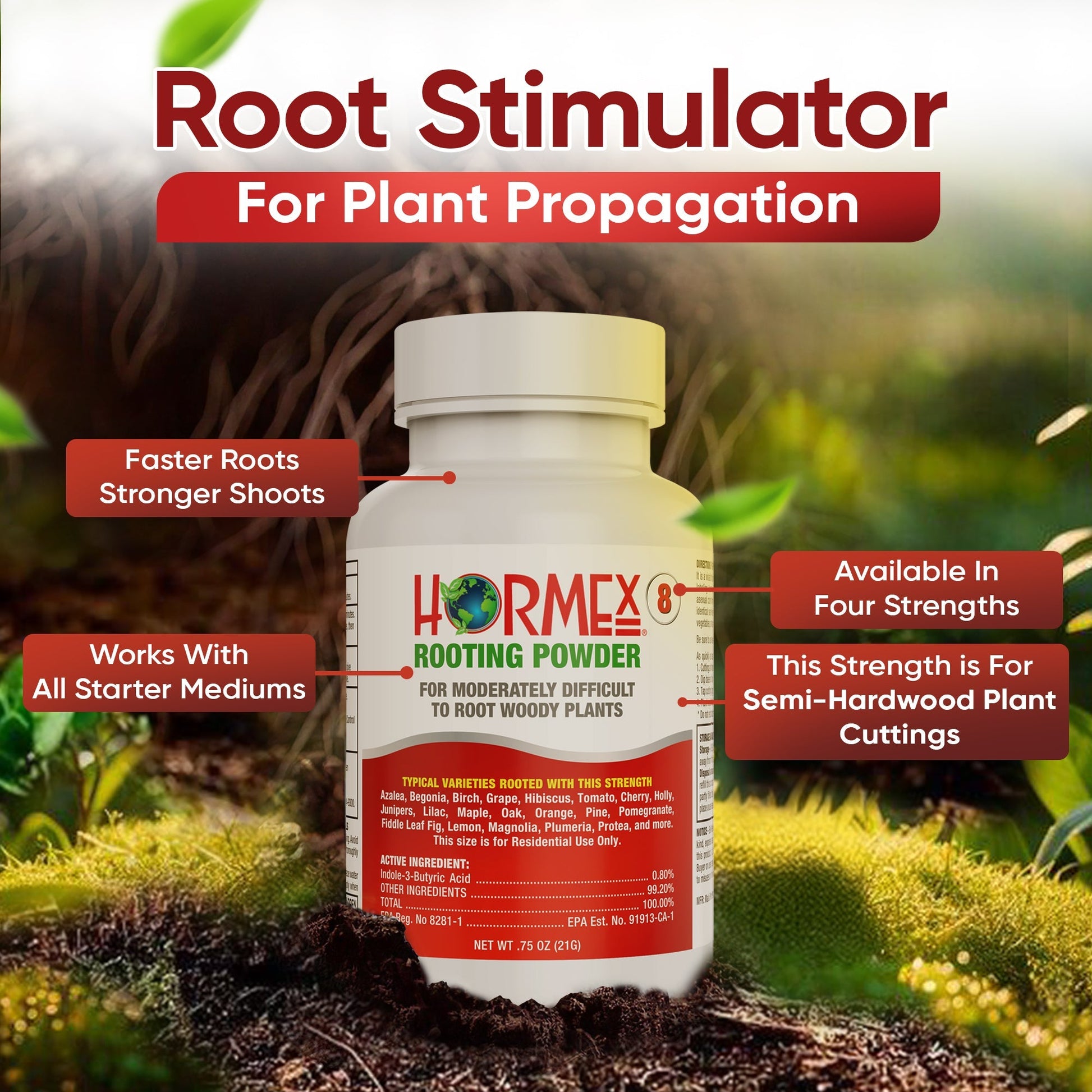 HORMEX Rooting Powder #8 in 3/4 oz bottle, plant supplement for rooting semi-hardwood houseplants, medicinal and tree cuttings.