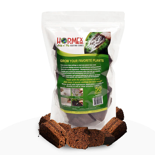 Hormex Rooting Cubes refill bag with 50 peat moss and coco plugs for growing plants from cuttings or seeds, ideal for healthy roots.