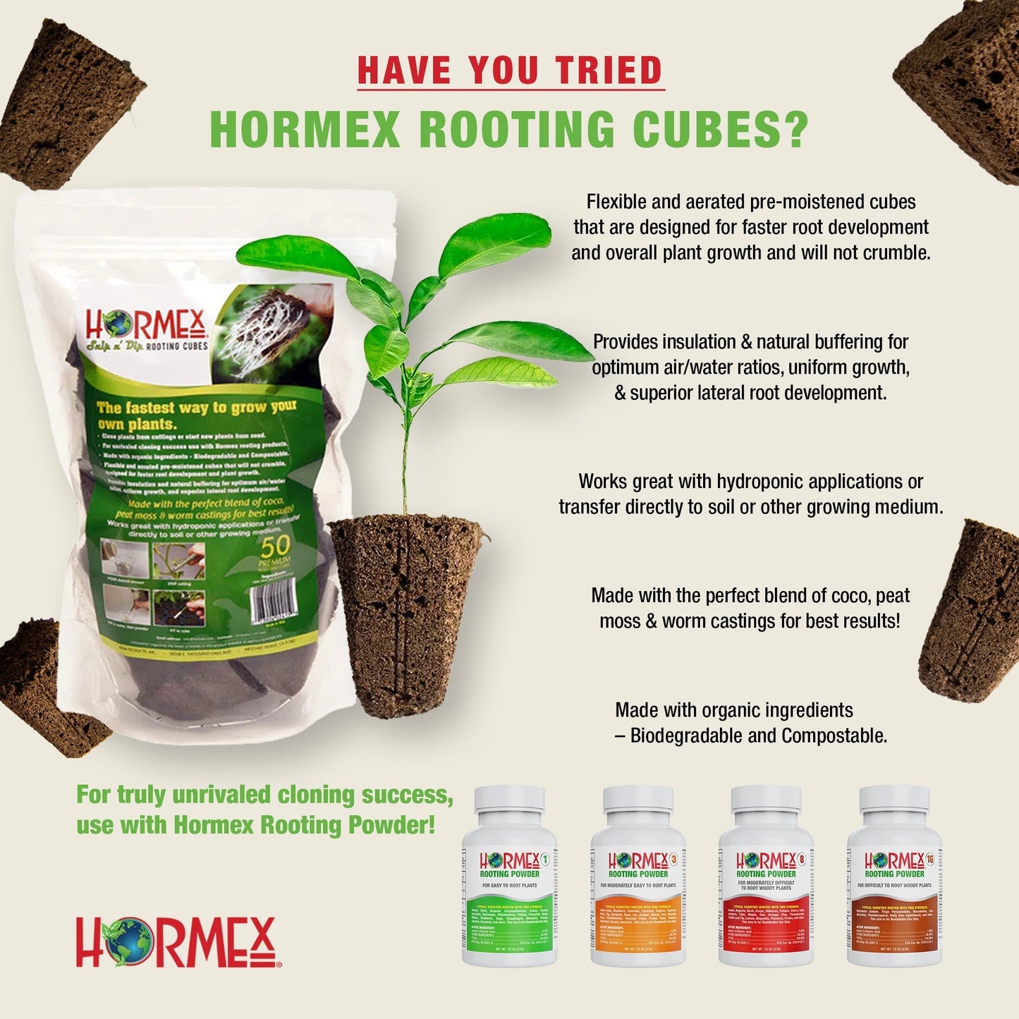 HORMEX Rooting Cubes refill bag with 50 peat moss and coco plugs for starting cuttings and growing healthy plants.