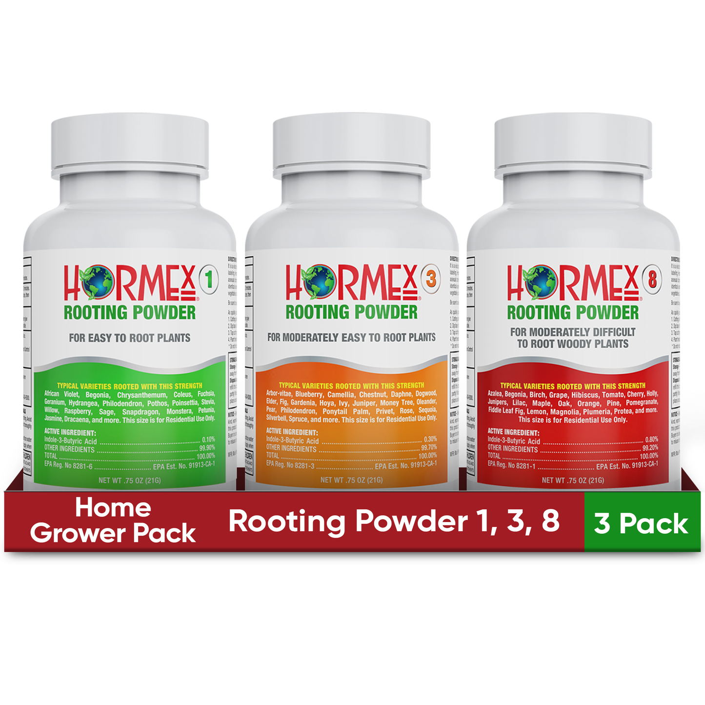 Hormex Rooting Powder Plant Supplements for houseplants, medicinal plants, and tree cuttings, in pack sizes 1, 3, and 8.