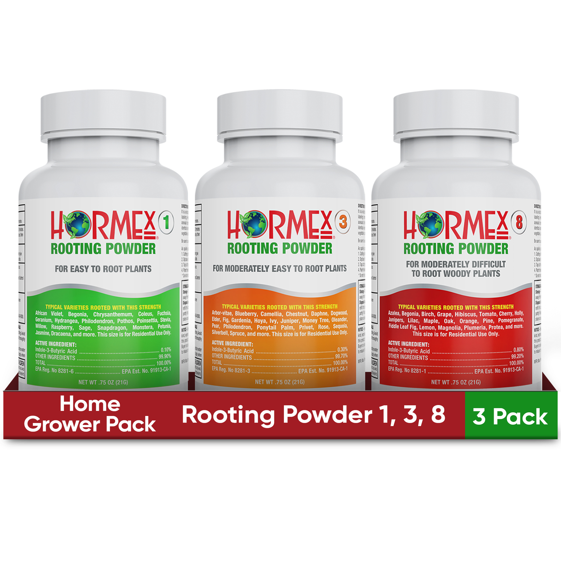 Hormex Rooting Powder Plant Supplements for houseplants, medicinal plants, and tree cuttings, in pack sizes 1, 3, and 8.