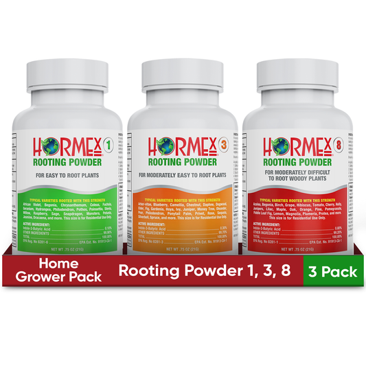 Hormex Rooting Powder Plant Supplements for houseplants, medicinal plants, and tree cuttings, in pack sizes 1, 3, and 8.