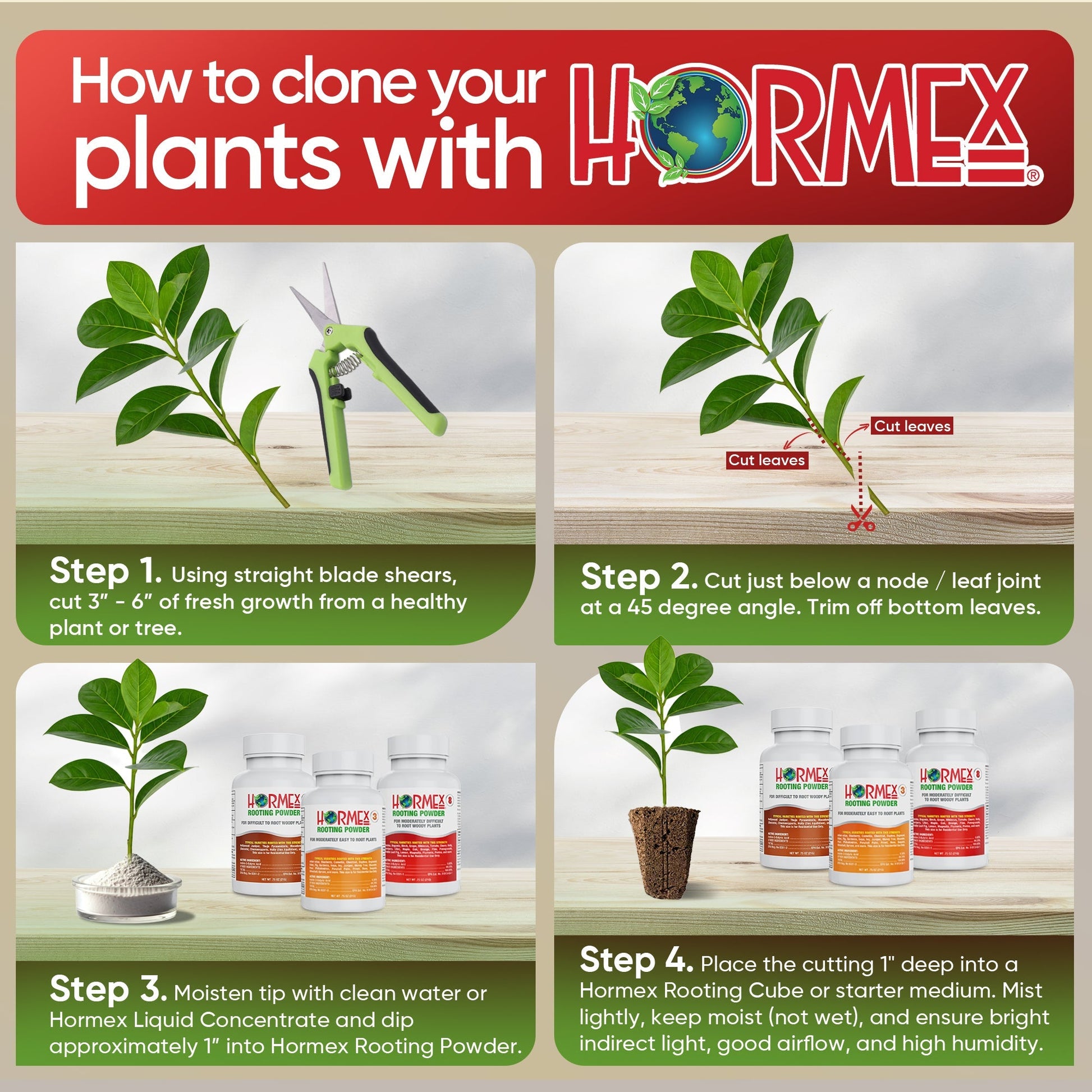 HORMEX Rooting Powder Pack for plant cuttings, including hardwood, medicinal, and tree varieties, in packaging options of 3, 8, or 16 grams.