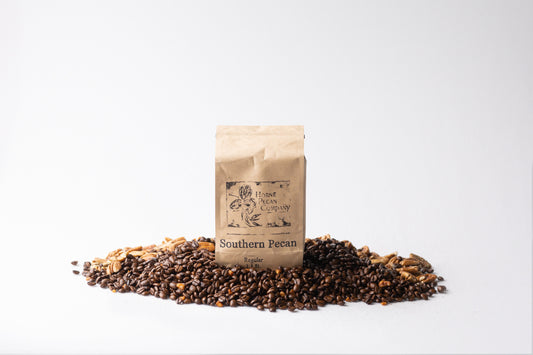 Ground gourmet pecan flavored coffee from Horne Pecan Company in a 1 lb bag, rich and aromatic with pecan notes.