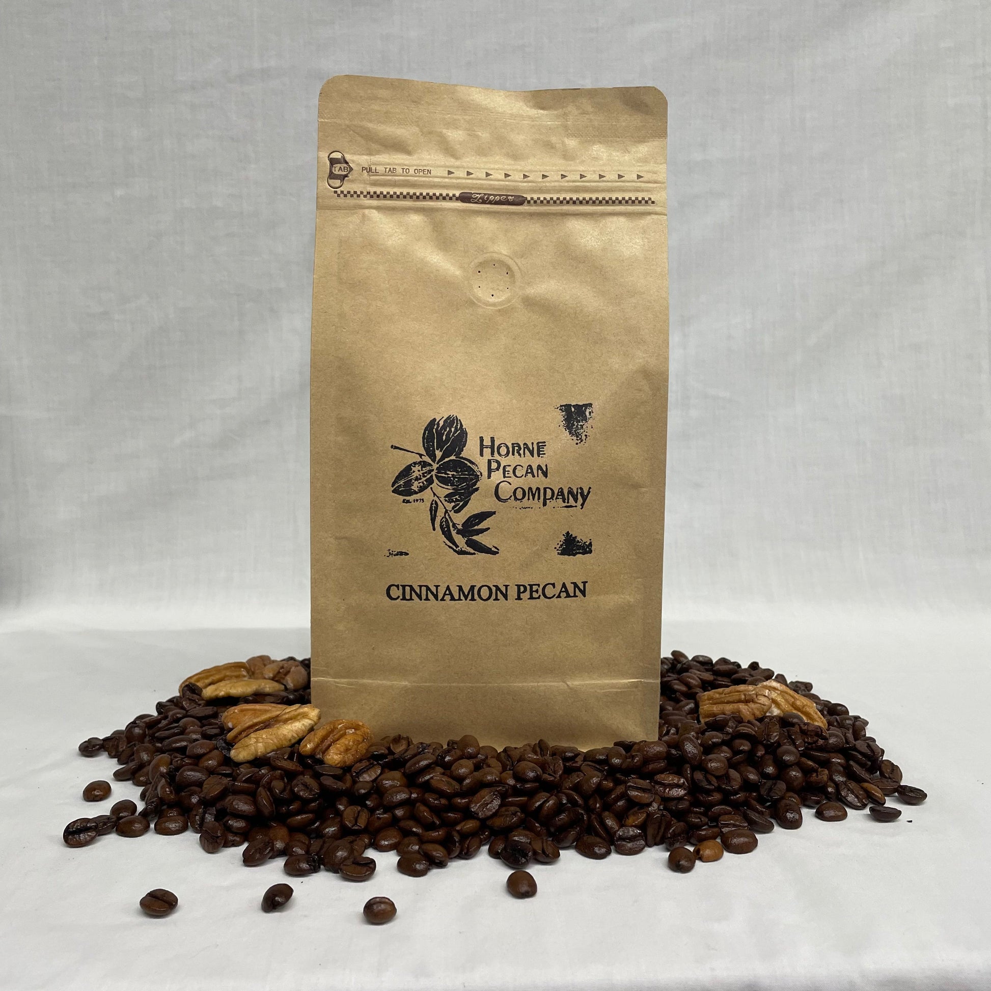 Whole bean gourmet pecan flavored coffee by Horne Pecan Company, 1 lb bourbon pecan coffee beans for brewing.