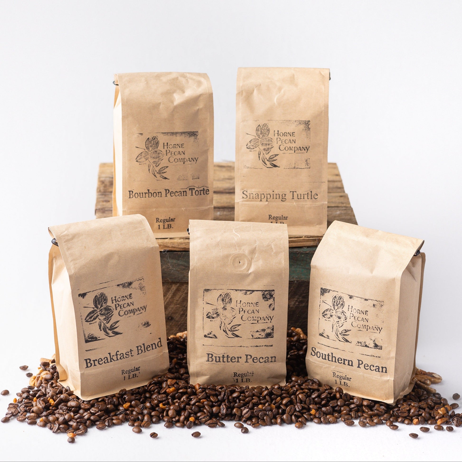 Ground decaf coffee by Horne Pecan Company, 1 lb. Gourmet Pecan Flavored Coffee for breakfast blends.