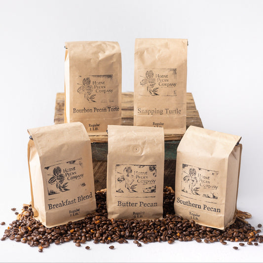 Ground decaf coffee by Horne Pecan Company, 1 lb. Gourmet Pecan Flavored Coffee for breakfast blends.