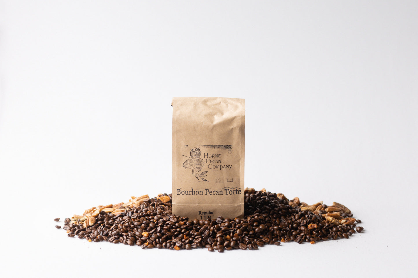Ground decaf coffee from Horne Pecan Company, 1 lb. Gourmet Pecan Flavored Coffee in a breakfast blend.