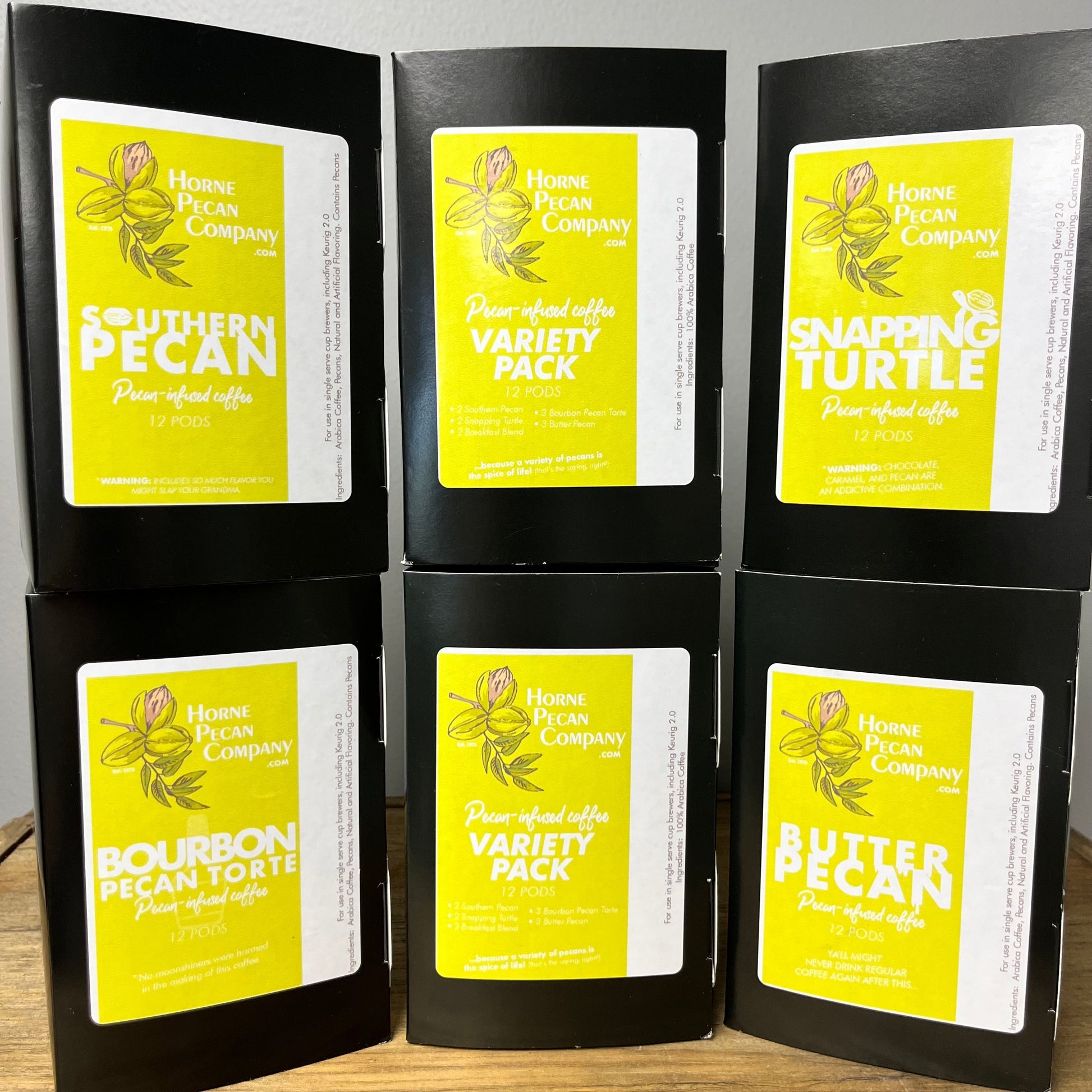 Gourmet Pecan Coffee K-cups from Horne Pecan Company, nutty-flavored coffee pods in a variety pack, perfect for brewing at home.