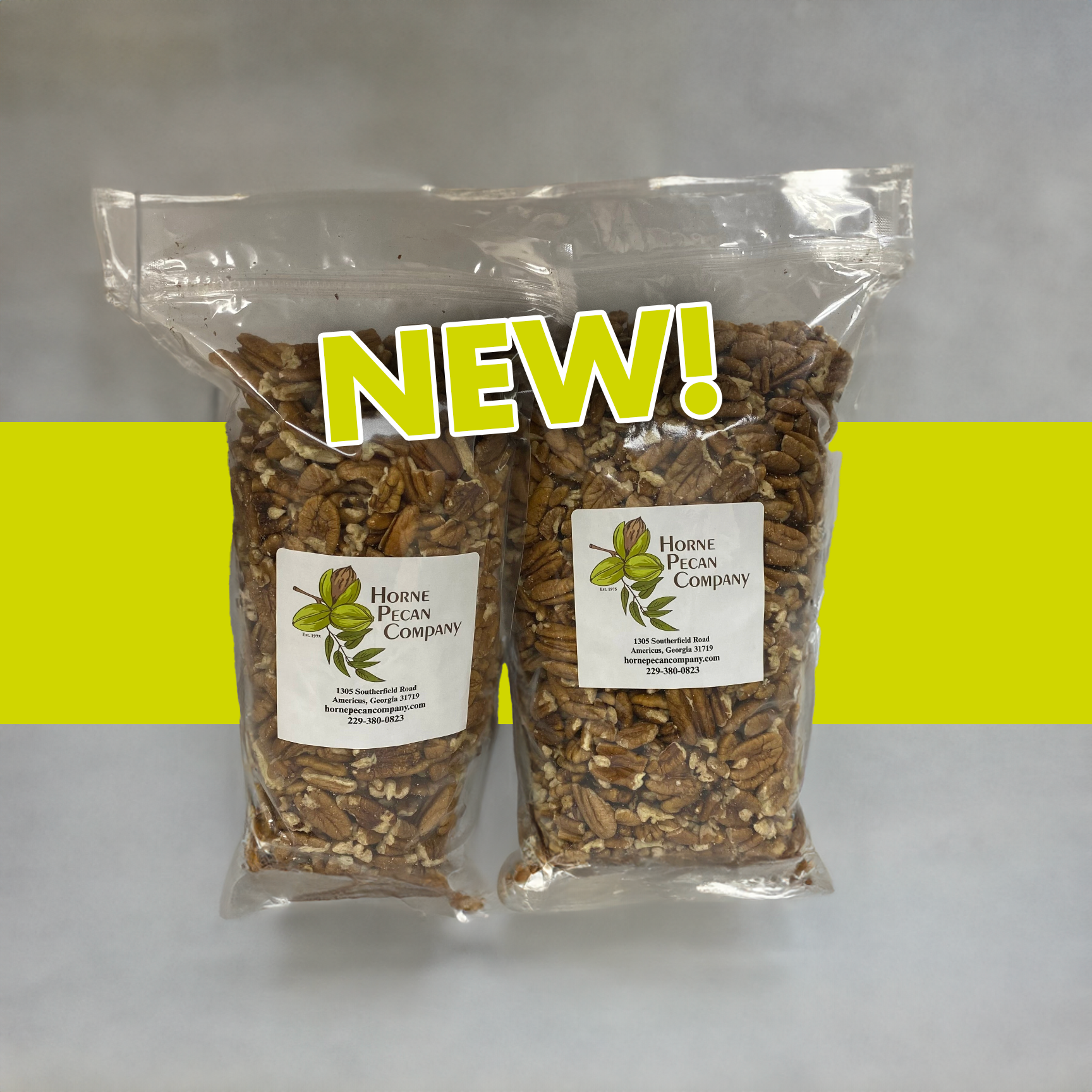 Bulk pecans from Horne Pecan Company, 2lb, 4lb, or 30lb bags, showing whole pecan halves for baking and snacking.