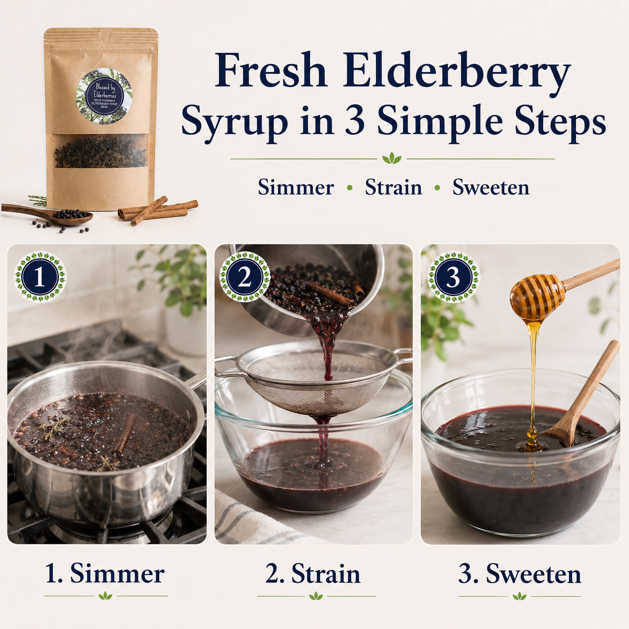 All-natural DIY Elderberry Syrup kit by Blessed by Elderberries, showing ingredients and steps to make quart-sized elderberry syrup.