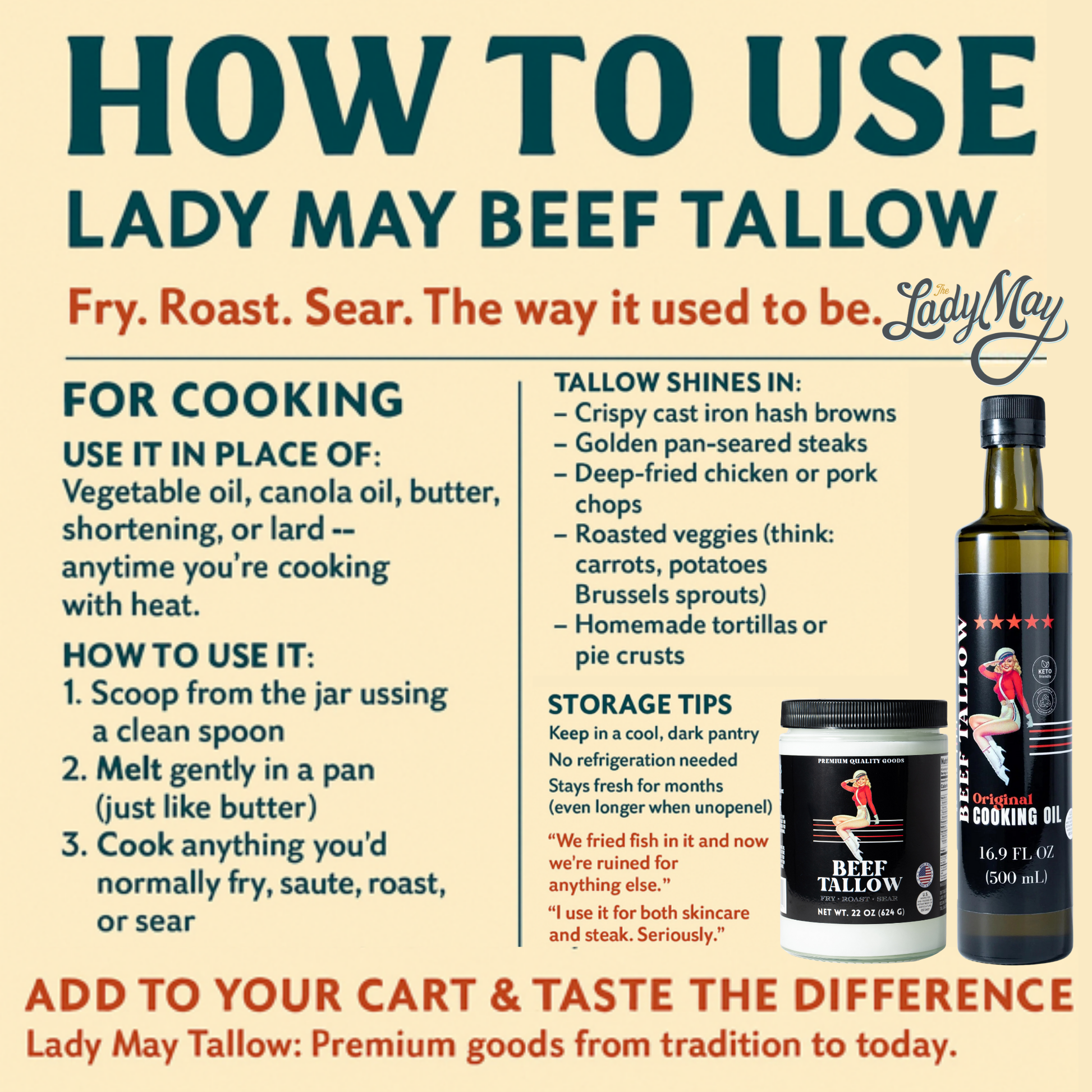 22oz premium grass-fed beef tallow by The Lady May, high smoke point cooking fat, seed oil-free, ideal for frying and roasting.