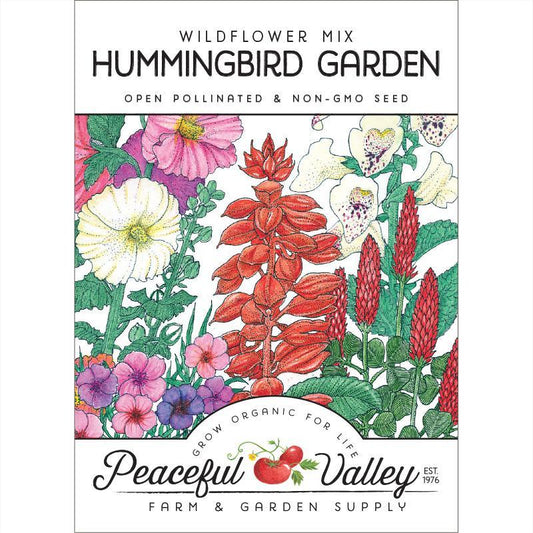 Hummingbird Garden Wildflower Mix pack of flower seeds by Grow Organic, showing colorful wildflower seed packet for attracting hummingbirds.