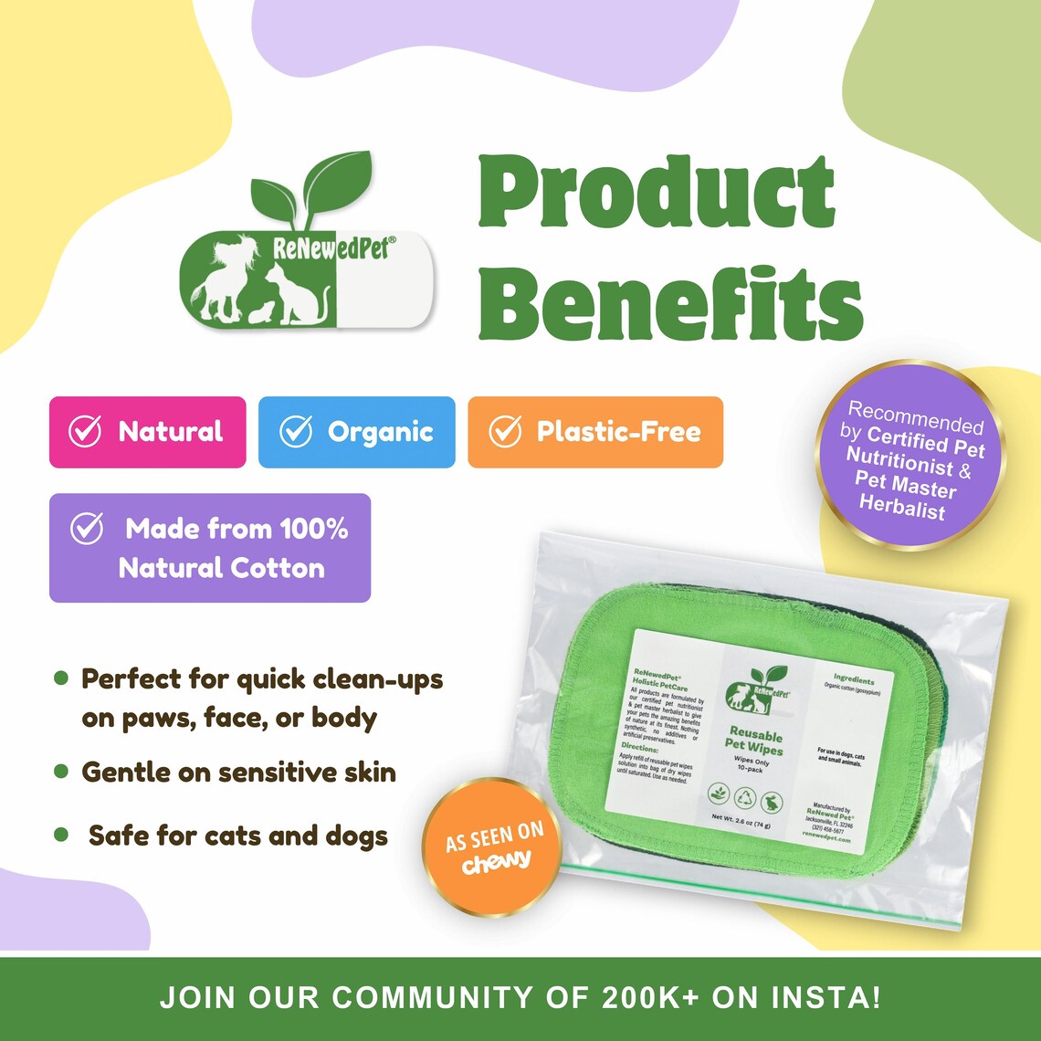 Reusable pet wipes for all pets by ReNewedPet, soft and effective for grooming and cleaning pets.