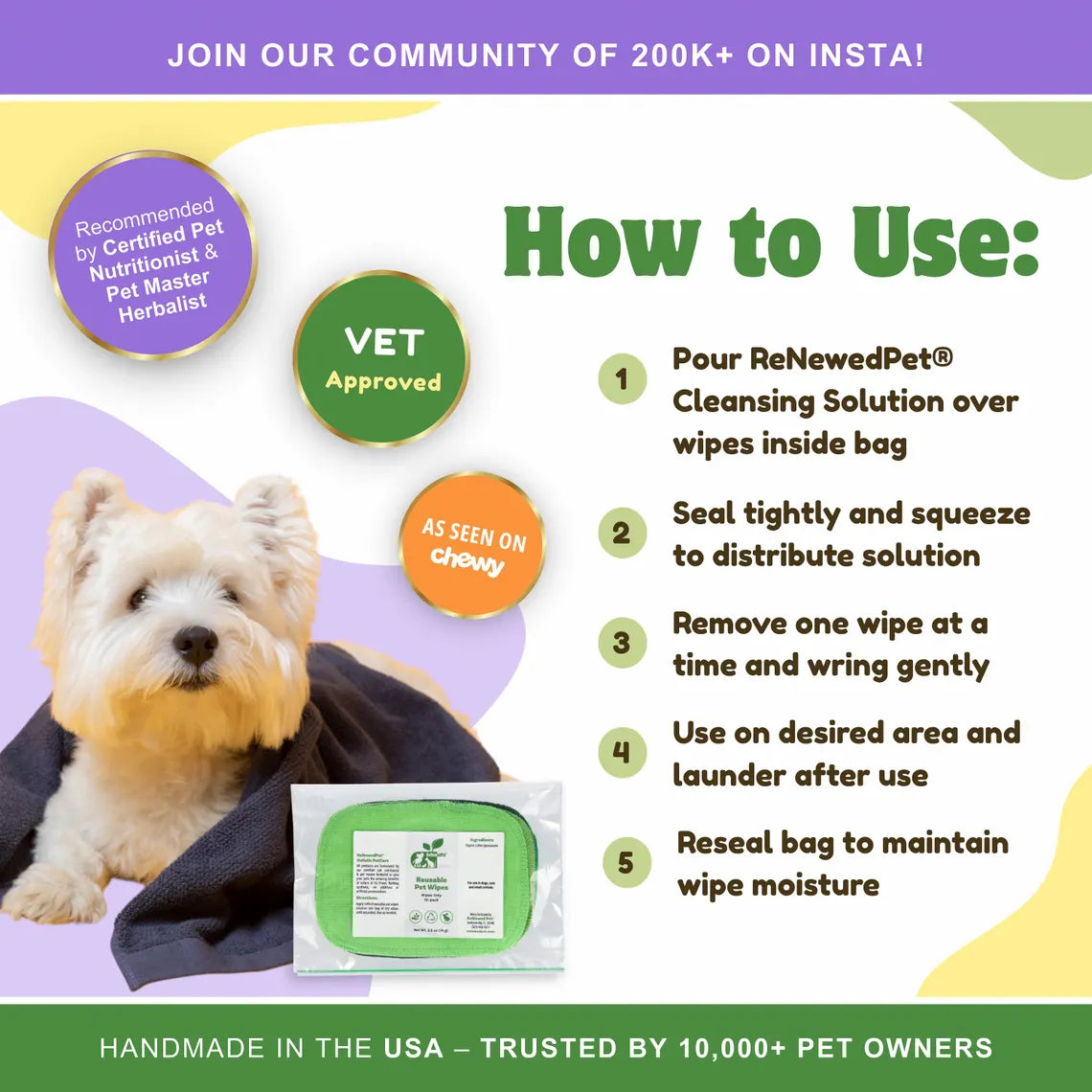 ReNewedPet 4-all pets reusable pet wipes for grooming, soft cloth wipes for cleaning dogs and cats, shown in a close-up image.