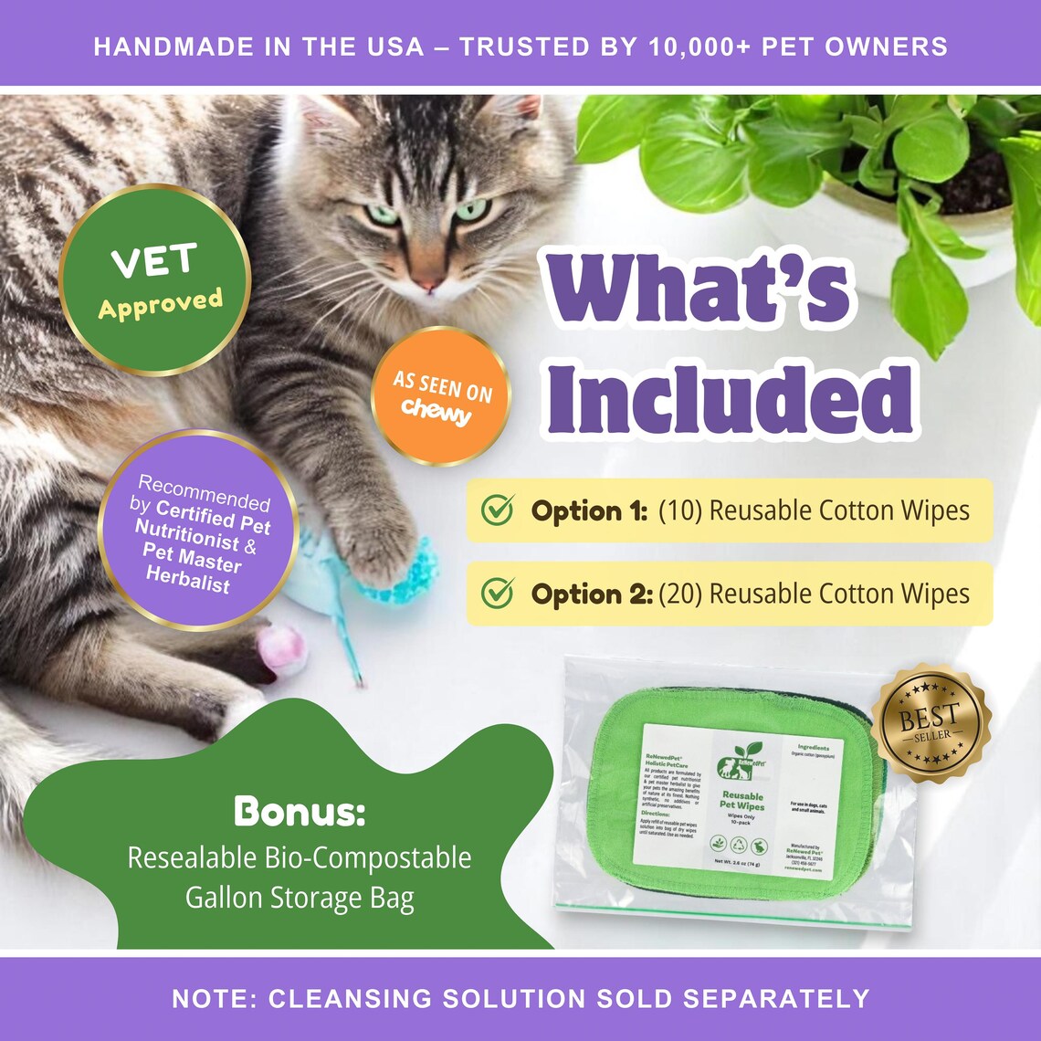 Reusable pet grooming wipes from ReNewedPet, showing soft, absorbent cloths designed for cleaning pets.