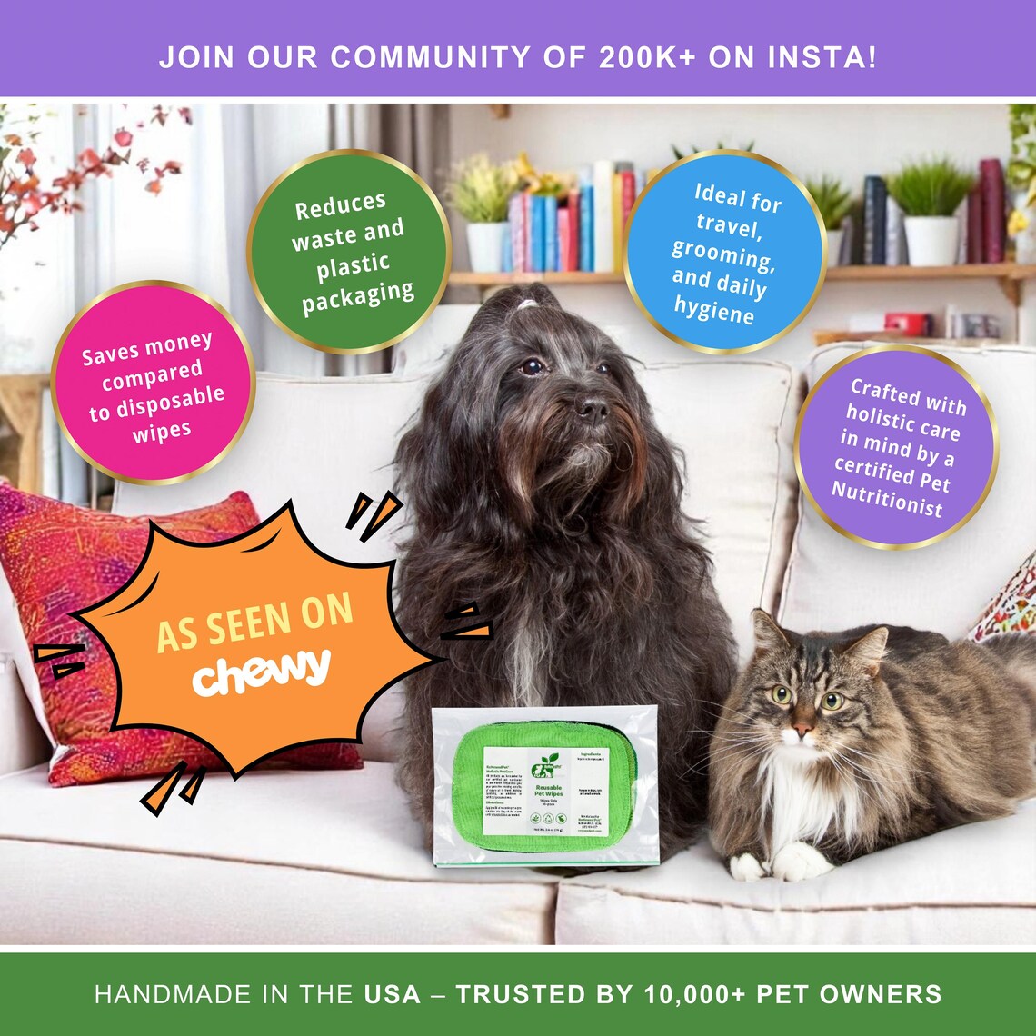 Reusable pet wipes for all pets from ReNewedPet, shown in a resealable package for easy grooming and cleaning.