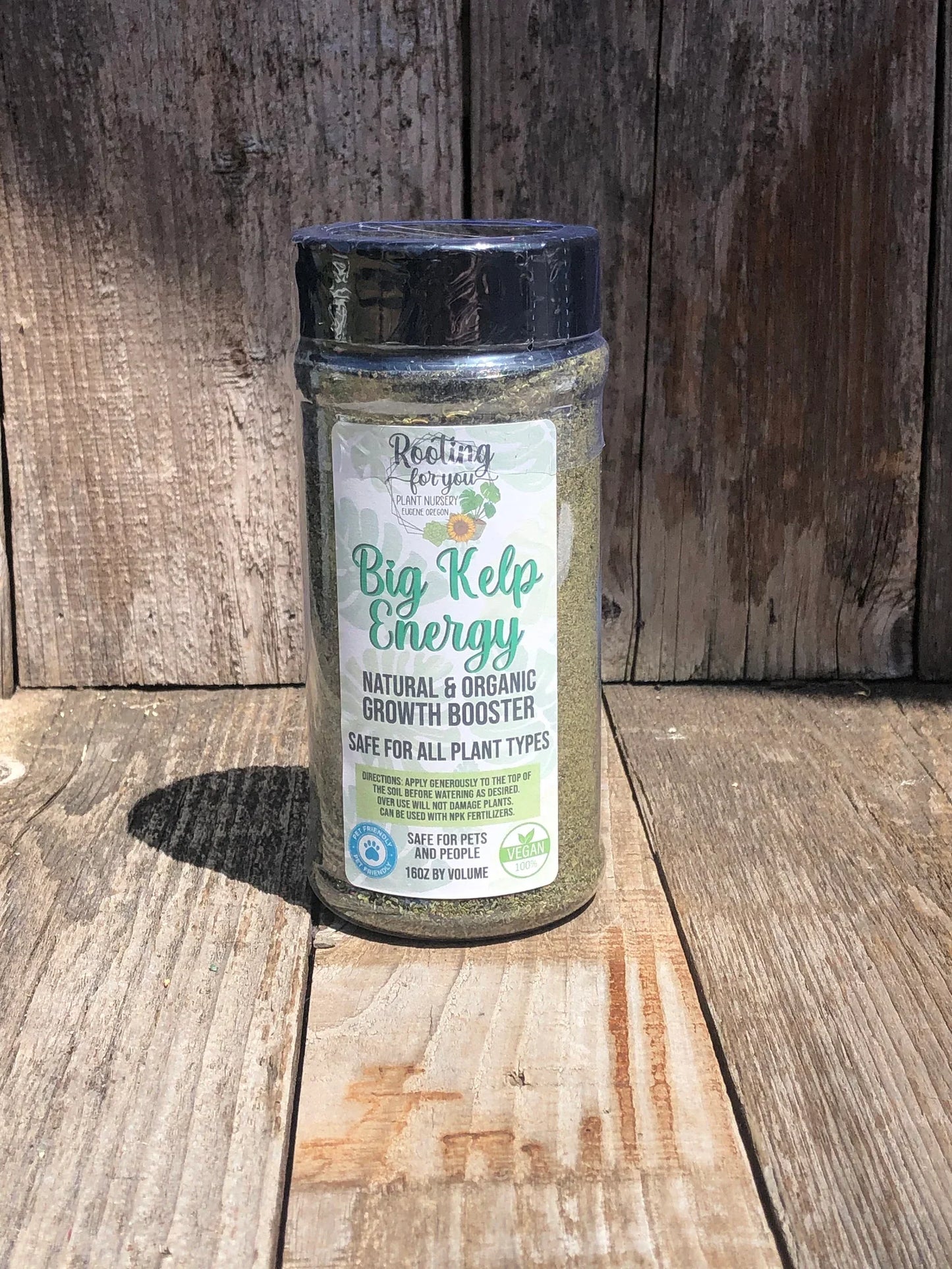 Organic Big Kelp Energy plant fertilizer by Rooting For You Plant Nursery, 16oz volume shaker, suitable for all soil types.