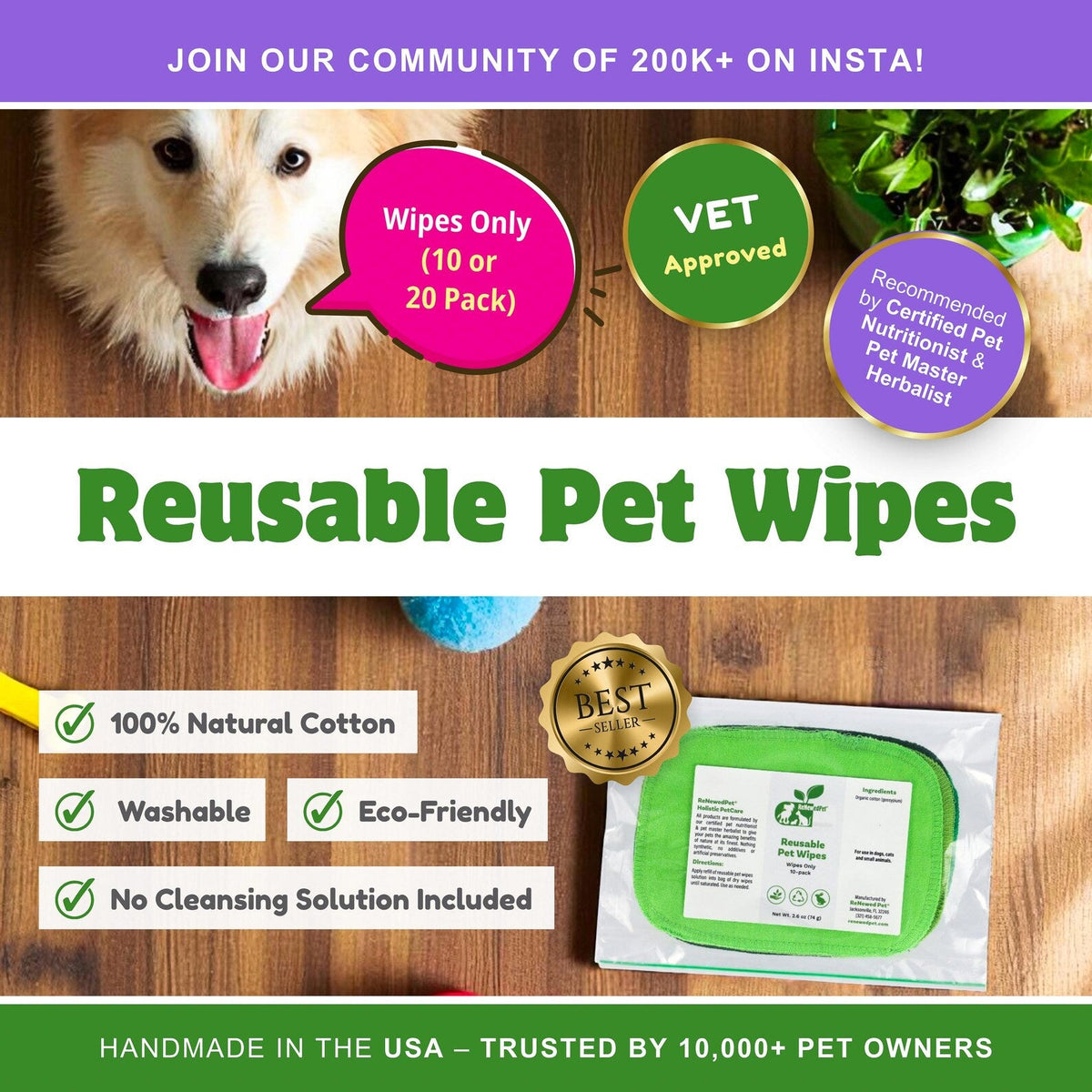 ReNewedPet reusable pet wipes for grooming, soft and absorbent cloths suitable for cleaning dogs and cats.