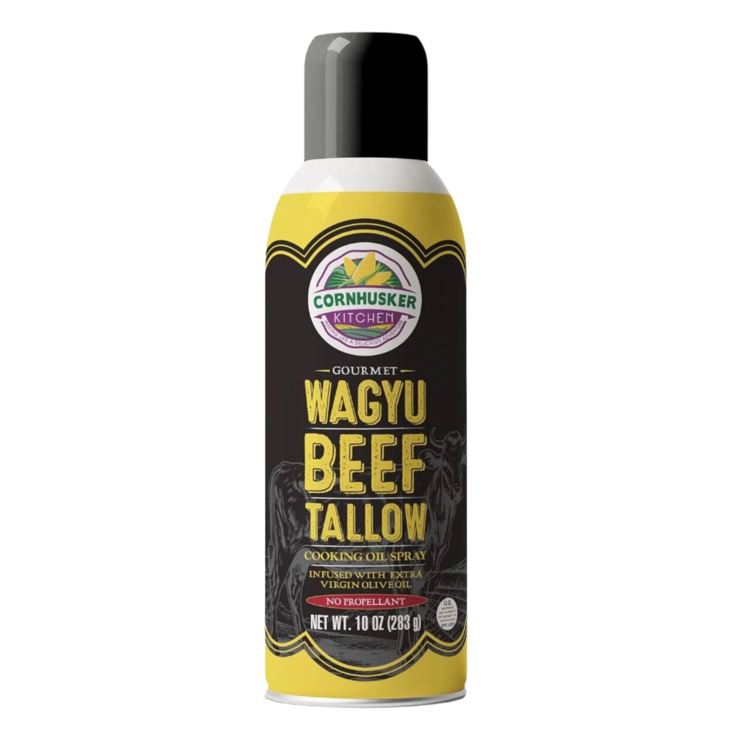 Wagyu beef tallow cooking oil spray from Cornhusker Kitchen in a 10 oz spray bottle, ideal for flavorful cooking.