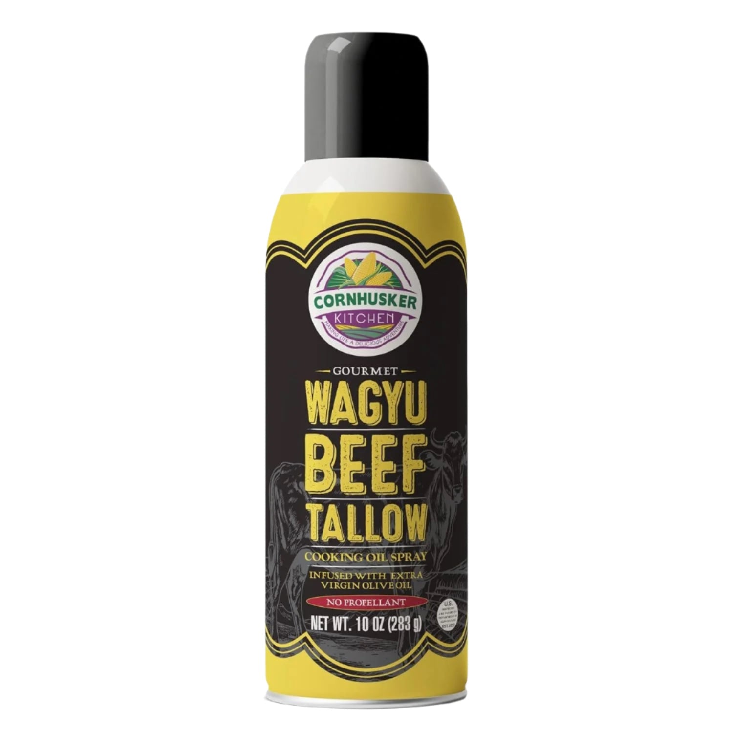 Wagyu beef tallow cooking oil spray from Cornhusker Kitchen in a 10 oz spray bottle, ideal for flavorful cooking.