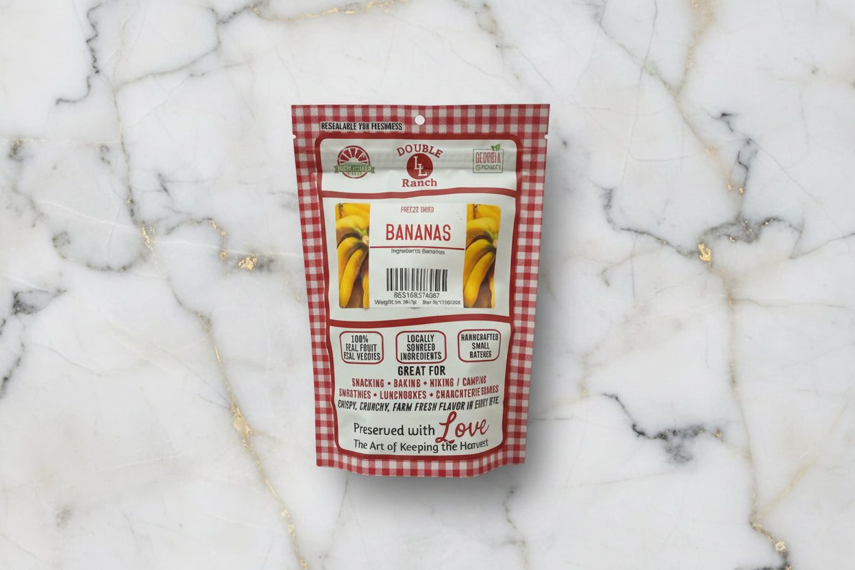 Crunchy freeze-dried banana chips from Double L Ranch, golden and crisp, shown in a close-up view.