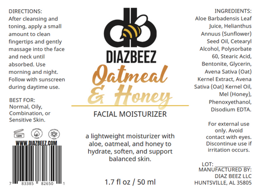 Diaz Beez oatmeal and honey facial moisturizer in a jar, showing the creamy textured moisturizer with honey and oat ingredients.