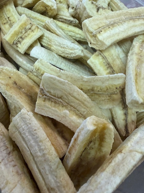 Freeze-dried banana chips by Double L Ranch, showing crispy, golden banana slices ready for snacking or baking.