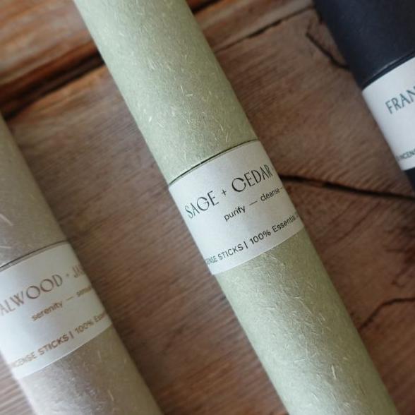 Tilley + Me essential oil incense sticks for aromatherapy, displayed in a glass jar with incense sticks and accessories.