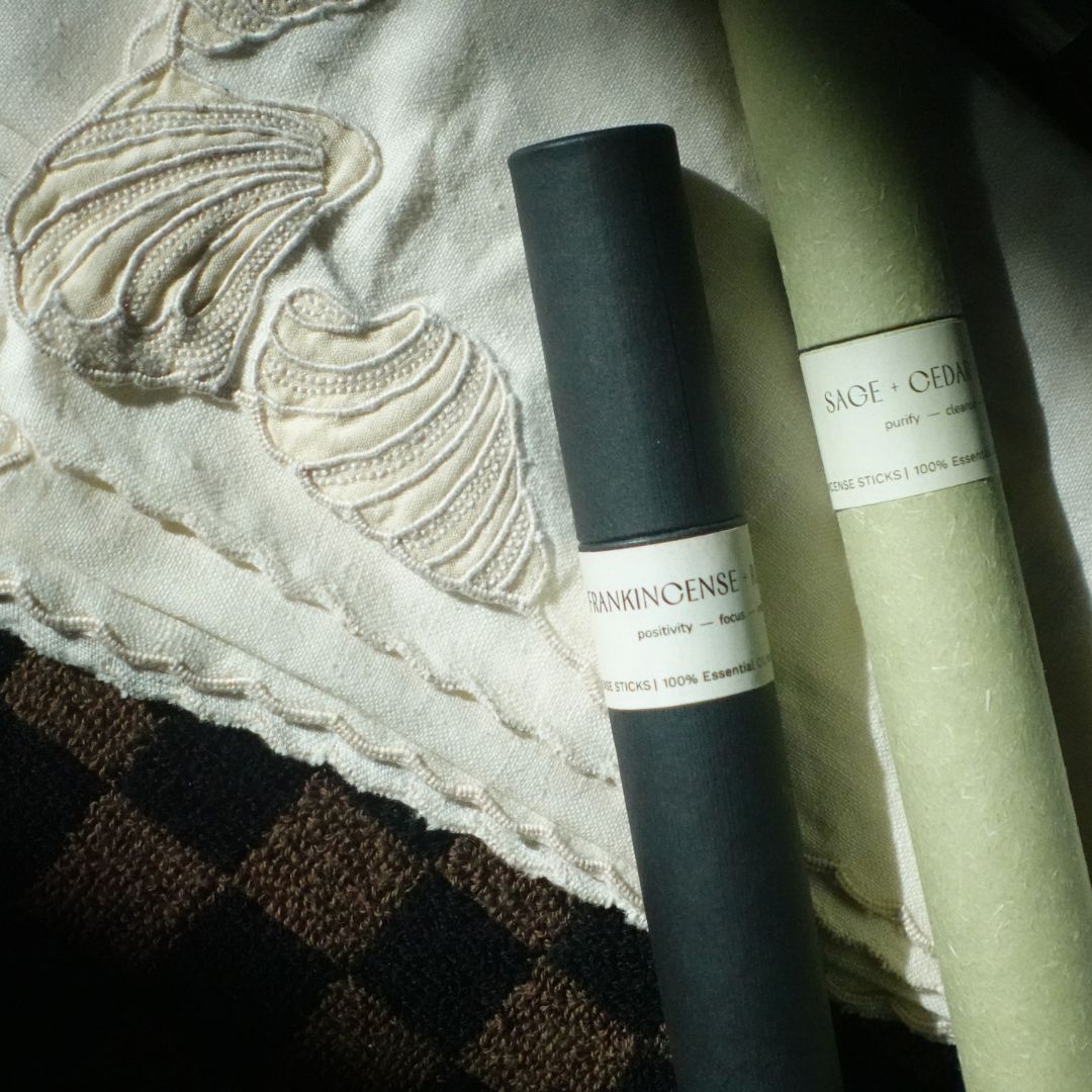 Tilley + Me essential oil incense sticks for aromatherapy with matching accessories, displayed in a decorative holder.