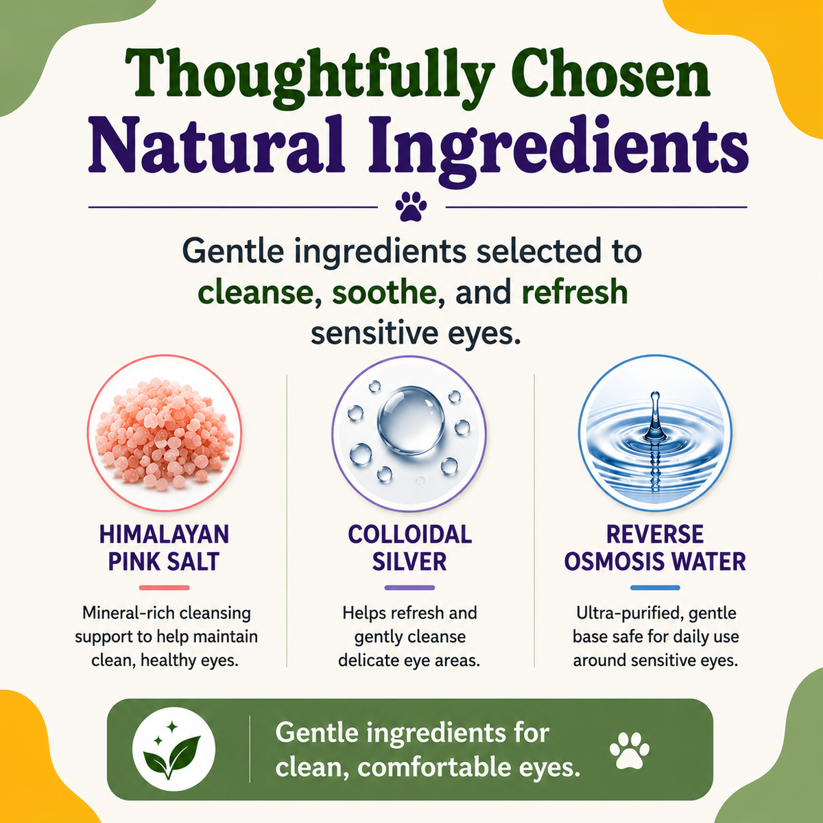 ReNewedPet 4-ALL PETS EYEWASH ingredients label showing natural components for pet eye care and grooming.