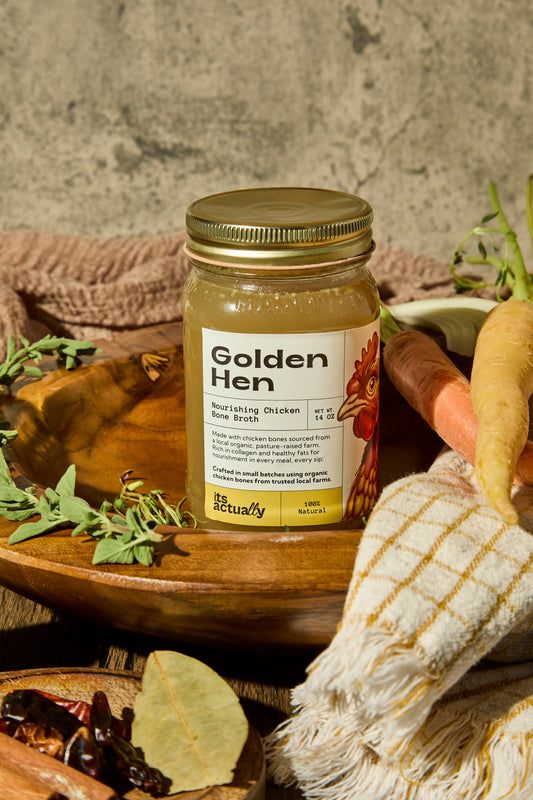 Three 14oz jars of Its Actually Co. Nourishing Halal Chicken Bone Broth beverage, showing clear jars filled with rich, nourishing broth.