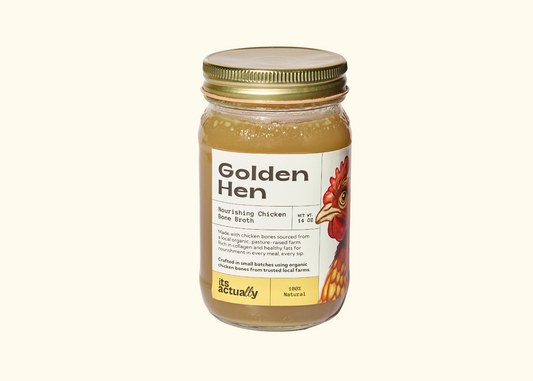 Three 14oz jars of Its Actually Co. Nourishing Halal Chicken Bone Broth beverage, showing the transparent jars filled with rich broth.